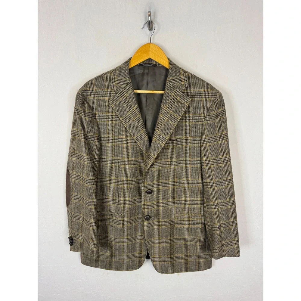 Canali Mens Wool Cashmere Glen Plaid Blazer Elbow Patches Made in Italy 42R
